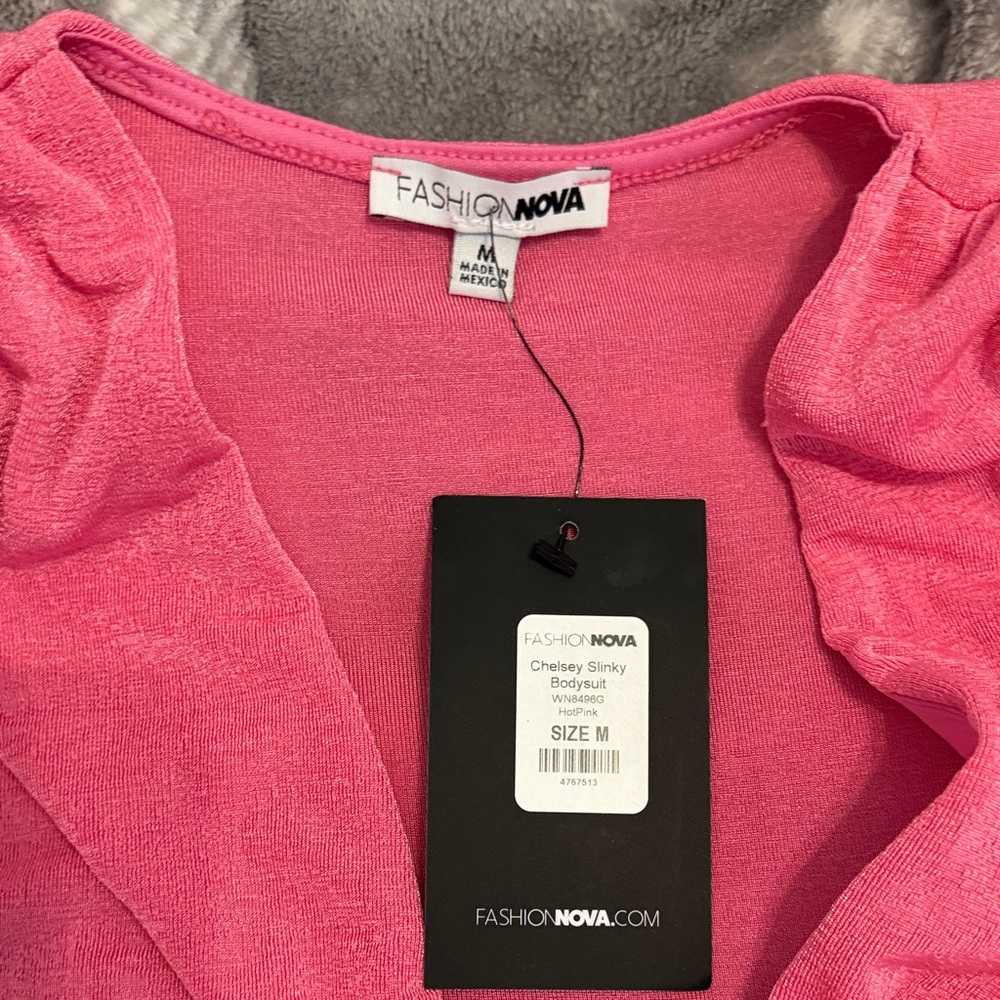 Fashion Nova Hot Pink Ruched Wrap-Front Long Sleeve Bodysuit - Picture 2 of 3